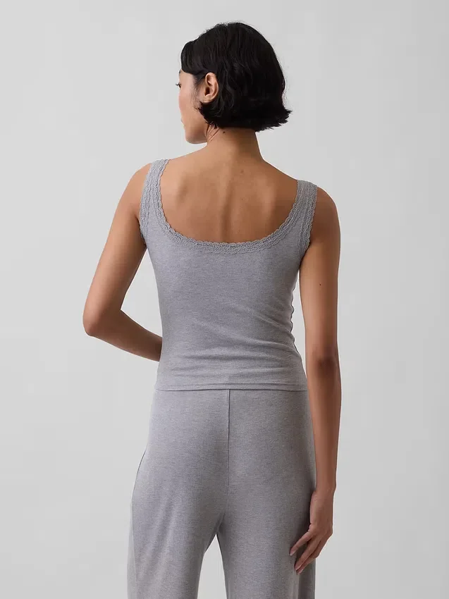 Mini žebrované krajkové pyžamové tílko s výstřihem Henley