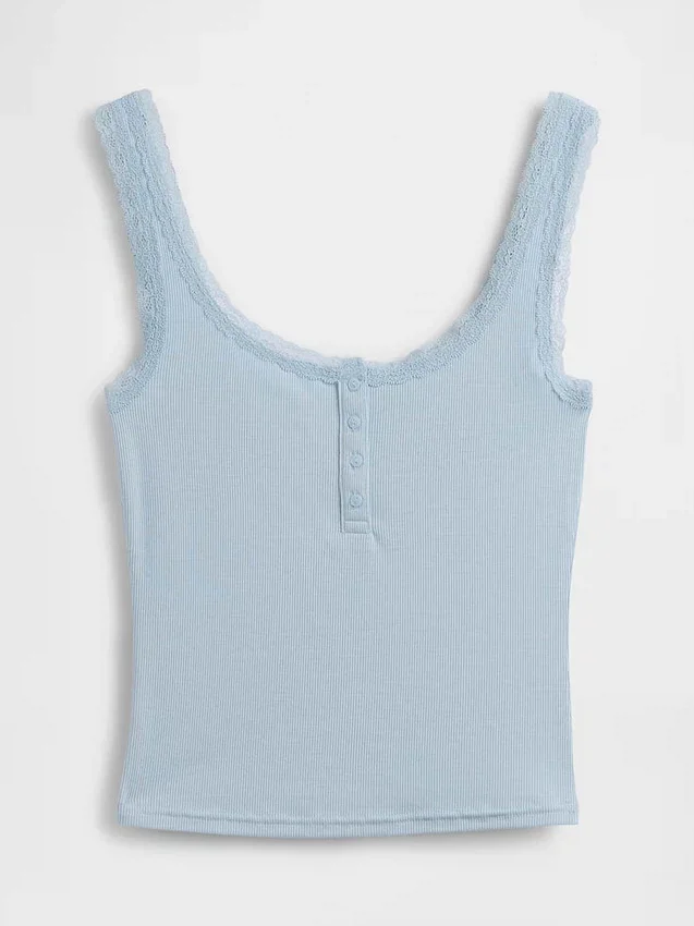 Mini žebrované krajkové pyžamové tílko s výstřihem Henley