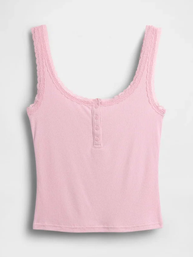 Mini žebrované krajkové pyžamové tílko s výstřihem Henley
