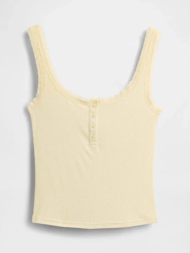 Mini žebrované krajkové pyžamové tílko s výstřihem Henley