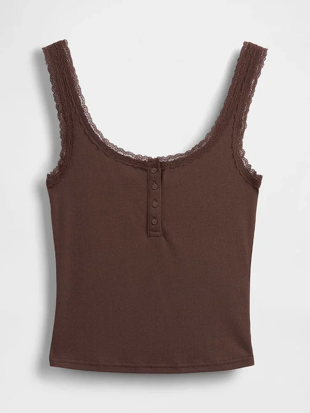 Mini žebrované krajkové pyžamové tílko s výstřihem Henley