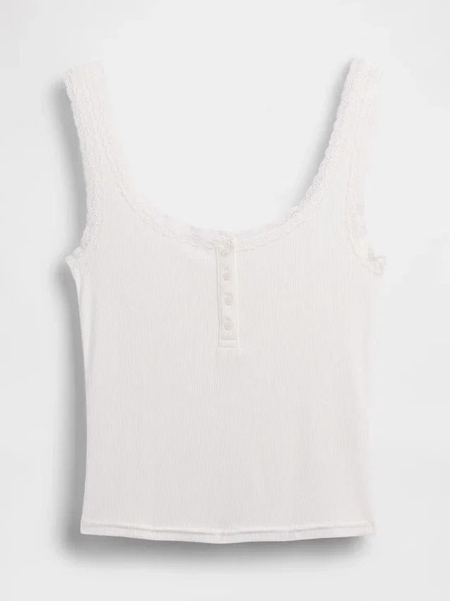 Mini žebrované krajkové pyžamové tílko s výstřihem Henley