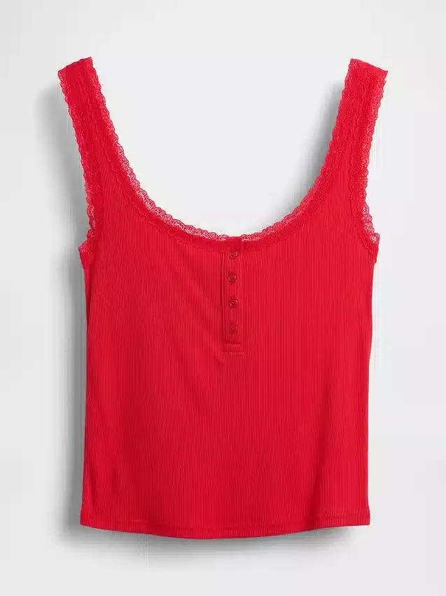 Mini žebrované krajkové pyžamové tílko s výstřihem Henley