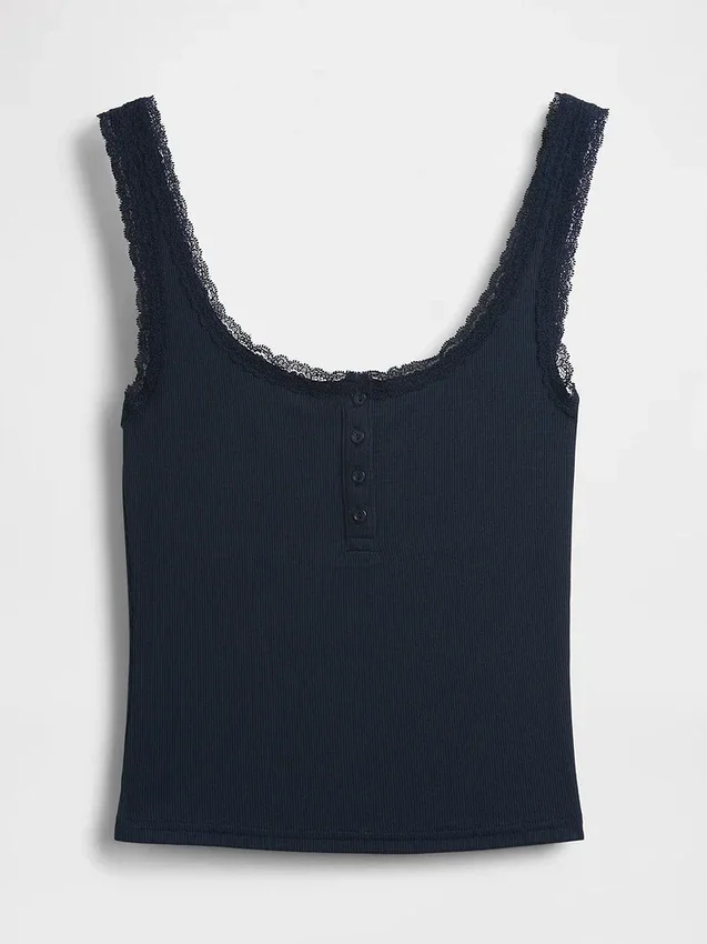 Mini žebrované krajkové pyžamové tílko s výstřihem Henley