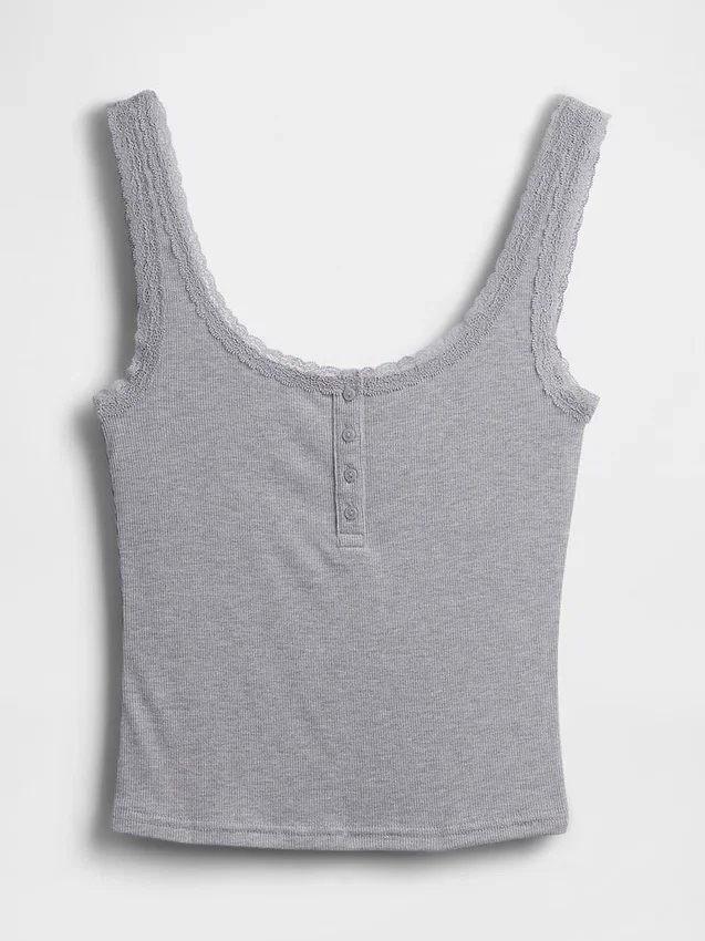 Mini žebrované krajkové pyžamové tílko s výstřihem Henley
