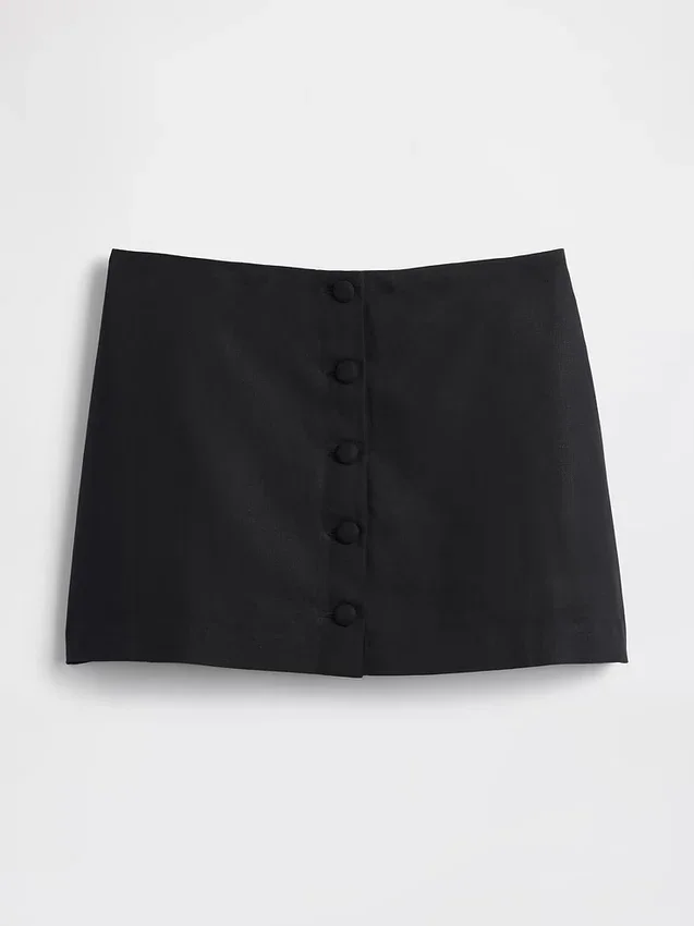 Mini sukně-šortky s knoflíky vpředu ze směsi lnu