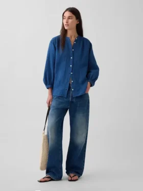 Oversized košile bez límečku z bavlněné gázové džínoviny