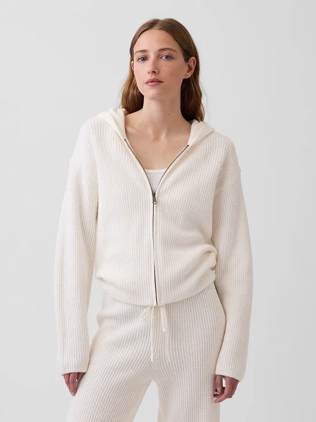 Oversized mikina s kapucí a zipem v pleteném vzoru „Shaker Stitch“ z materiálu CashSoft