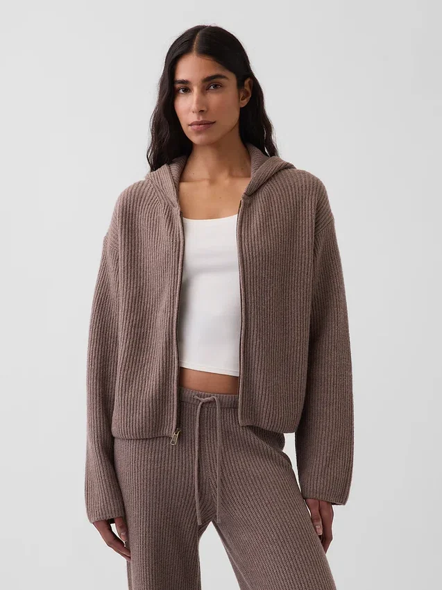 Oversized mikina s kapucí a zipem v pleteném vzoru „Shaker Stitch“ z materiálu CashSoft