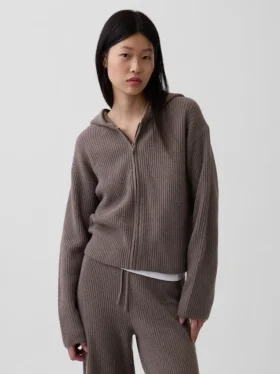 Oversized mikina s kapucí a zipem v pleteném vzoru „Shaker Stitch“ z materiálu CashSoft