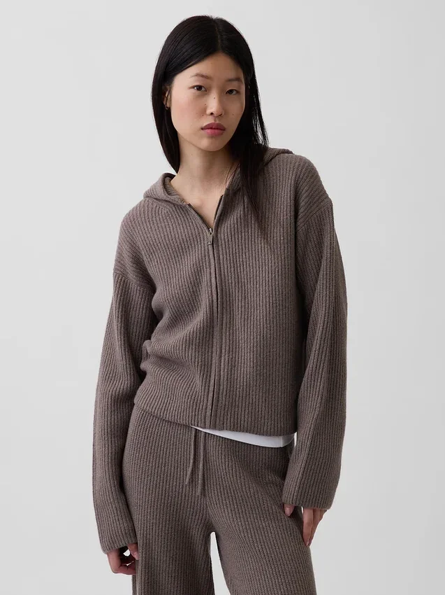 Oversized mikina s kapucí a zipem v pleteném vzoru „Shaker Stitch“ z materiálu CashSoft