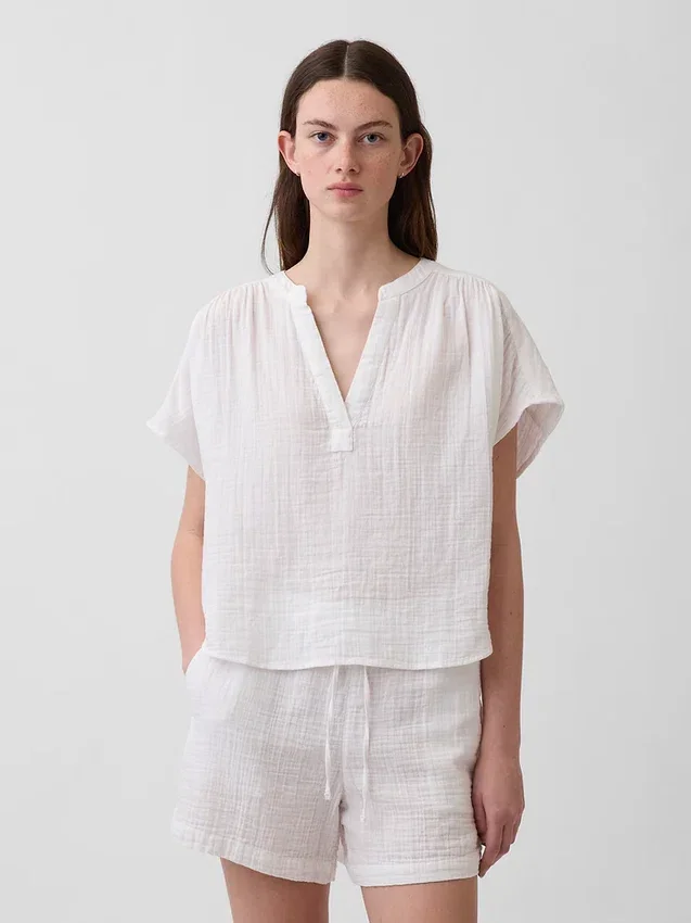 Oversized top z bavlněné gázy s rozparkem u krku