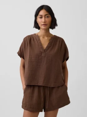Oversized top z bavlněné gázy s rozparkem u krku