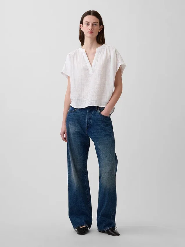 Oversized top z bavlněné gázy s rozparkem u krku