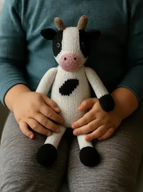 Pletená hračka ve tvaru krávy
