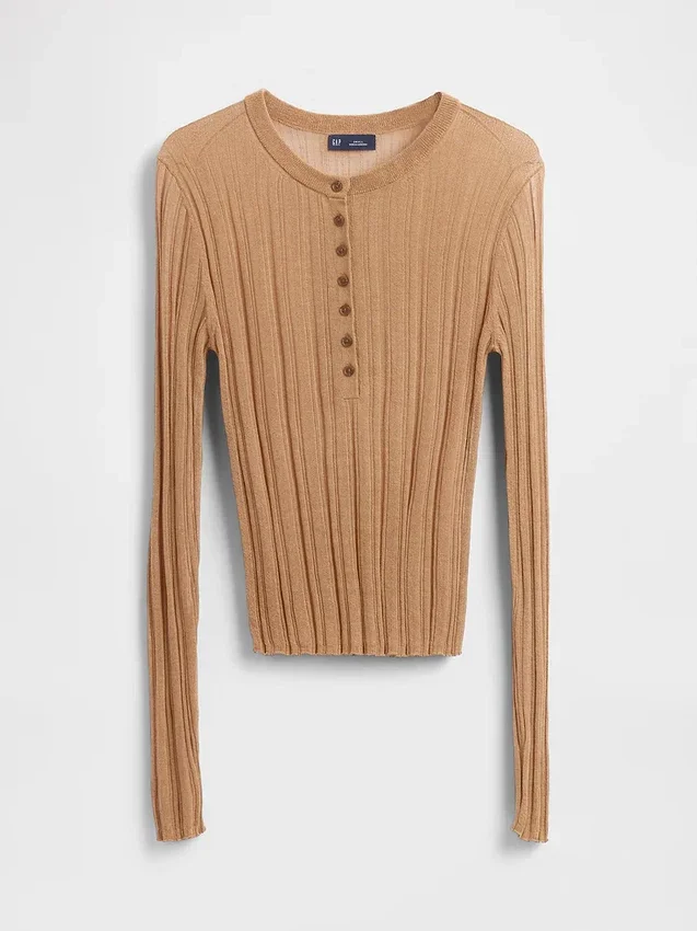 Průsvitný žebrovaný svetr s výstřihem Henley