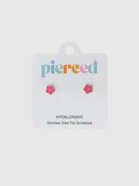 Šroubovací náušnice Pierced Co s květinovým motivem v zářivě růžové barvě
