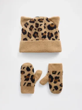 Sada čepice a rukaviček CashSoft s leopardím vzorem pro miminka a Batolata