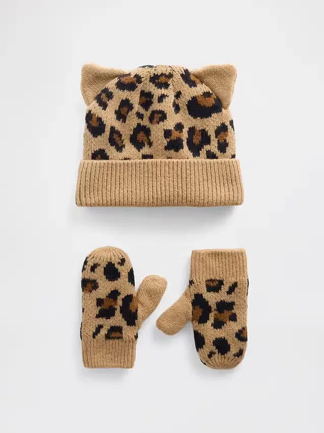Sada čepice a rukaviček CashSoft s leopardím vzorem pro miminka a Batolata