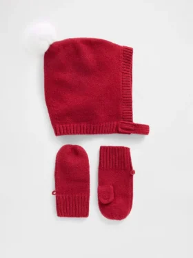 Sada čepice s bambulí a rukavic pro miminka a batolata z materiálu CashSoft