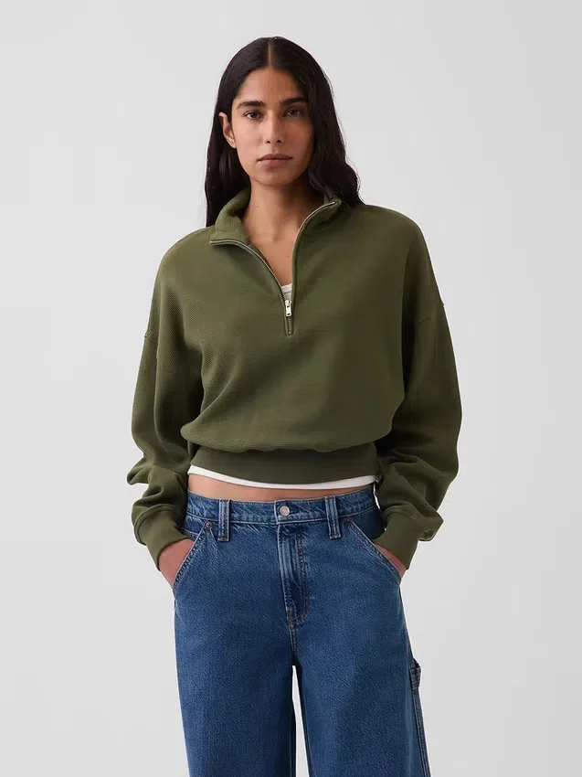 Texturovaná bavlněná mikina s polovičním zipem v oversized střihu