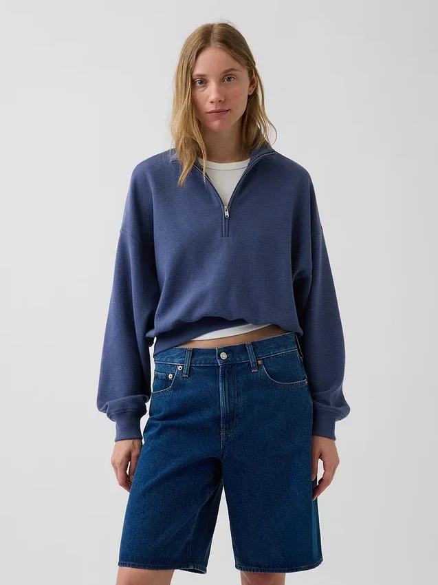 Texturovaná bavlněná mikina s polovičním zipem v oversized střihu