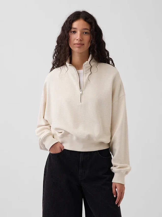 Texturovaná bavlněná mikina s polovičním zipem v oversized střihu