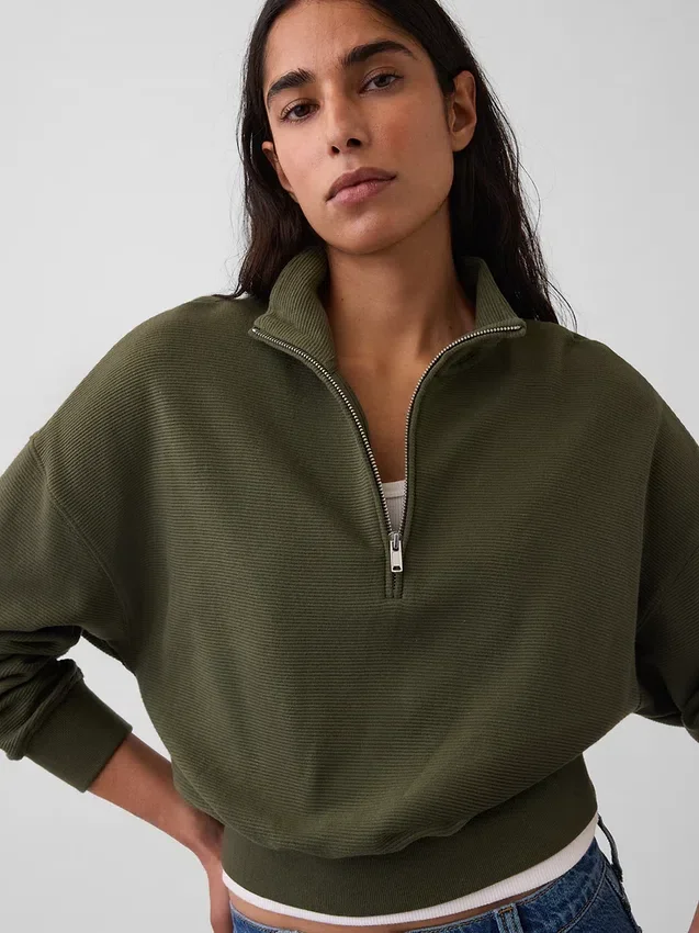 Texturovaná bavlněná mikina s polovičním zipem v oversized střihu