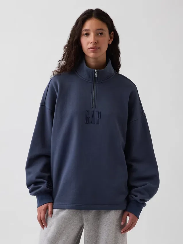 Těžký oversized pulovr s logem a čtvrtinovým zipem