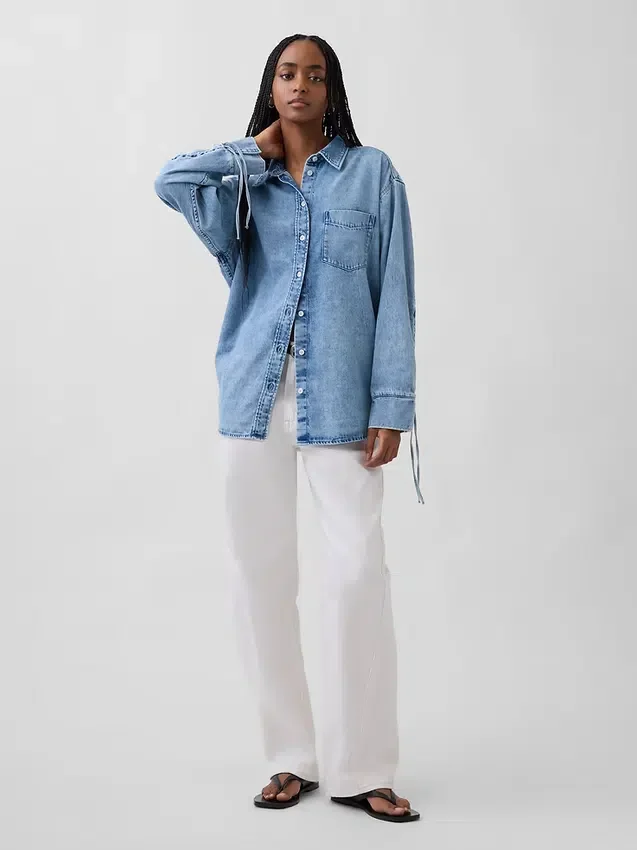 Ultra měkká džínová košile v oversized střihu s řasenými rukávy