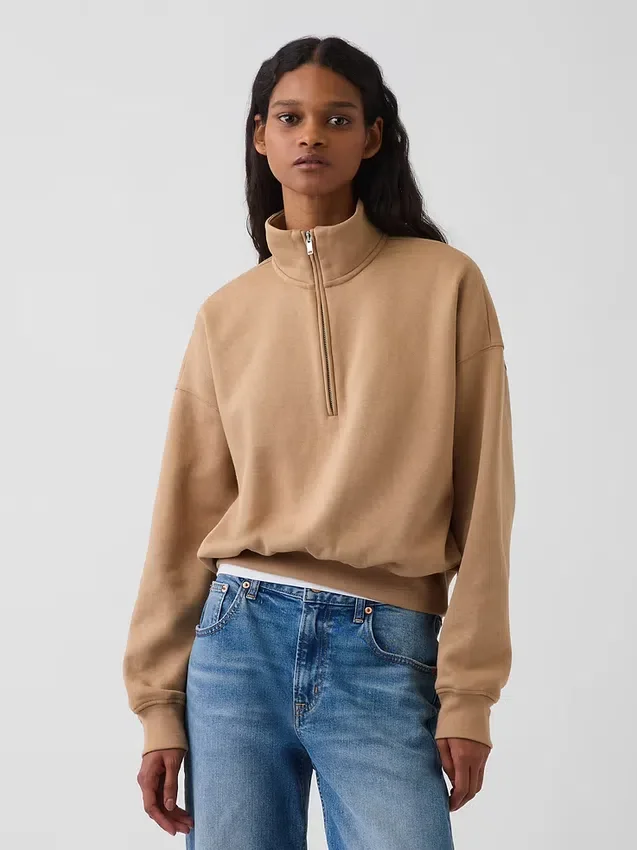 Vintagesoft Oversized pulovr s polozipem a klínovým výstřihem