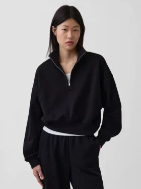 Vintagesoft Oversized pulovr s polozipem a klínovým výstřihem