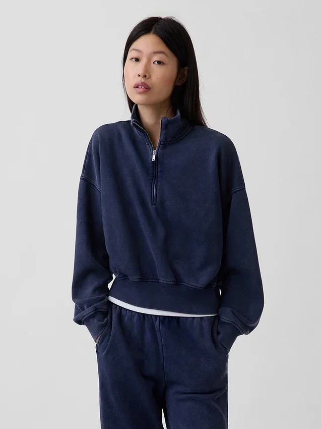 Vintagesoft Oversized pulovr s polozipem a klínovým výstřihem