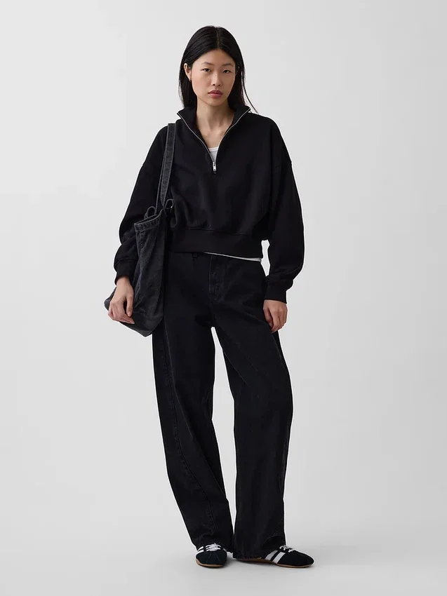 Vintagesoft Oversized pulovr s polozipem a klínovým výstřihem