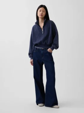 Vintagesoft Oversized pulovr s polozipem a klínovým výstřihem
