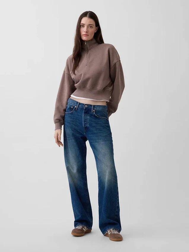 Vintagesoft Oversized pulovr s polozipem a klínovým výstřihem