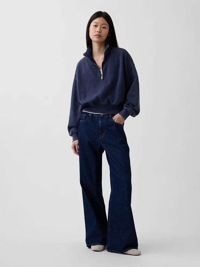 Vintagesoft Oversized pulovr s polozipem a klínovým výstřihem