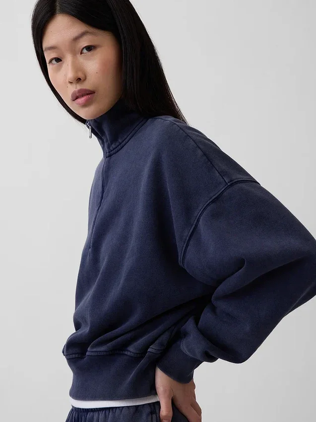 Vintagesoft Oversized pulovr s polozipem a klínovým výstřihem